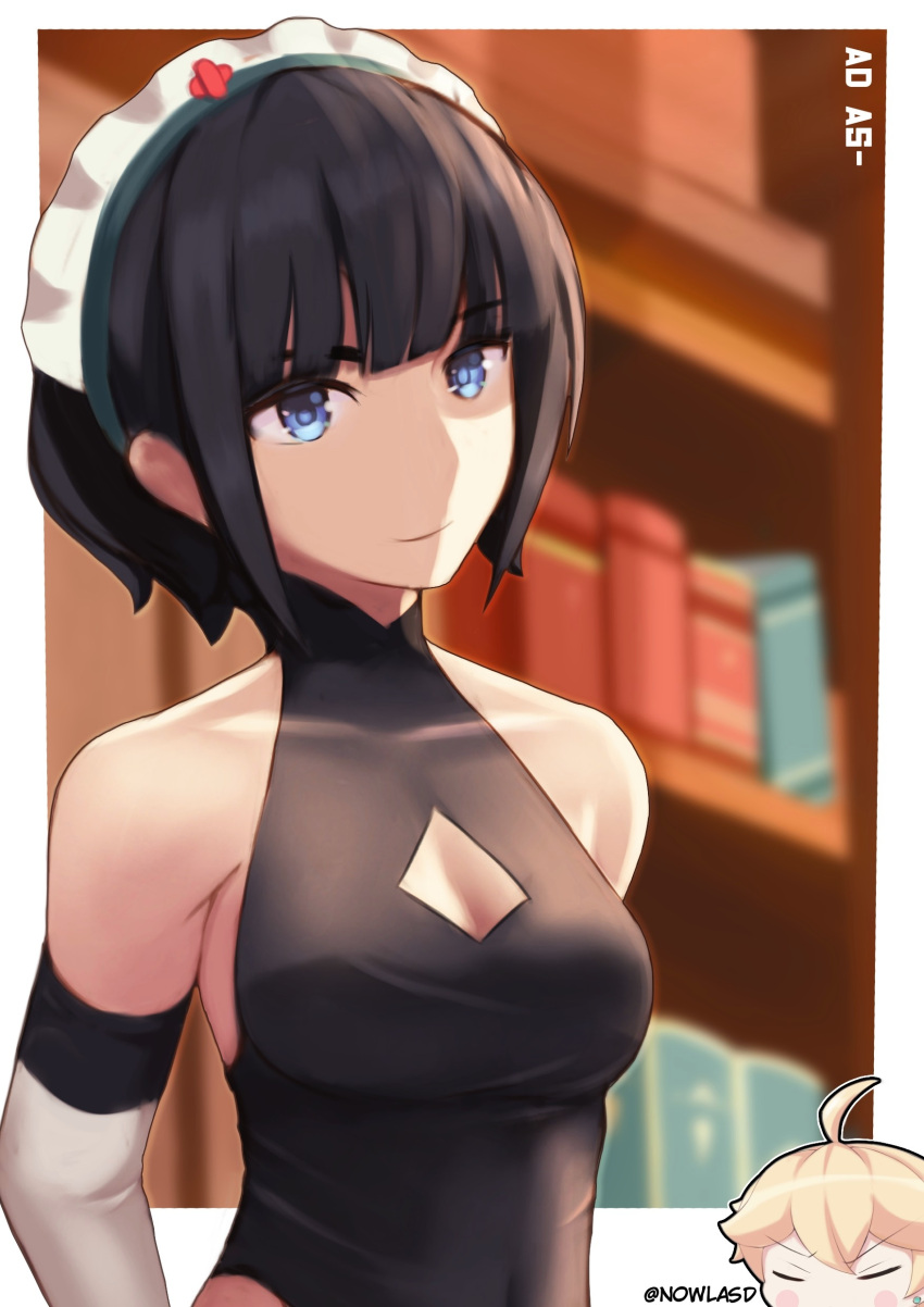 1boy 1girl absurdres aether_(genshin_impact) bare_shoulders black_hair blue_eyes blurry blurry_background bob_cut bookshelf border breasts chibi chibi_inset cleavage_cutout clothing_cutout cosplay elbow_gloves english_commentary genshin_impact gloves highres katheryne_(genshin_impact) leotard looking_at_viewer medium_breasts nowlasd short_hair smile twitter_username white_border yorha_no._2_type_b yorha_no._2_type_b_(cosplay)