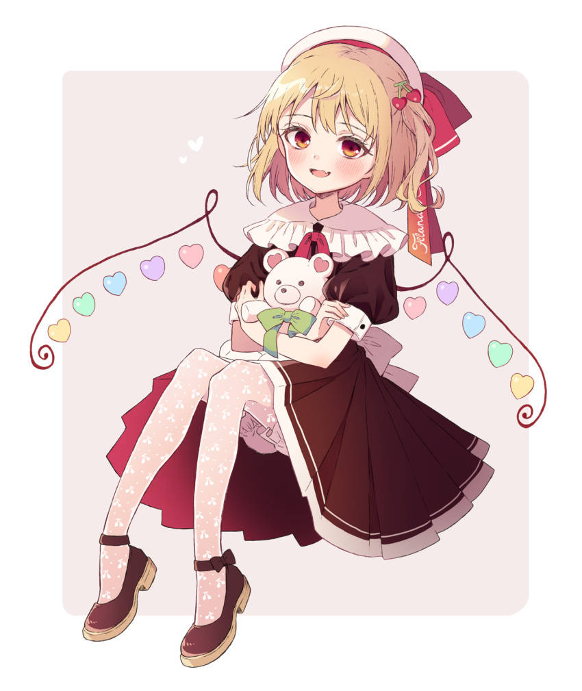 1girl black_dress blonde_hair bloomers blush character_name cherry_hair_ornament cherry_print crossed_arms dress eyebrows_visible_through_hair fang flandre_scarlet food-themed_hair_ornament food_print frilled_shirt_collar frills hair_between_eyes hair_ornament hat hat_ribbon heart heart_wings highres holding holding_stuffed_toy looking_at_viewer pink_legwear puffy_short_sleeves puffy_sleeves red_eyes red_neckwear red_ribbon ribbon shoes short_hair short_sleeves side_ponytail skin_fang solo stuffed_animal stuffed_toy teddy_bear touhou touya_(konpekitou) underwear wings