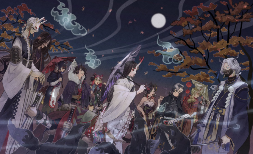 asa_tuki_893 black_hair blonde_hair clouds demi_bourbon eli_clark fox_mask fur hakama highres holding holding_sword holding_umbrella holding_weapon horns identity_v japanese_clothes joseph_desaulniers kimono leaf long_hair luca_balsa margaretha_zelle mask michiko_(identity_v) moon multiple_boys multiple_girls pipe short_hair smile smoke sword umbrella victor_grantz violetta_(identity_v) weapon xie_bian