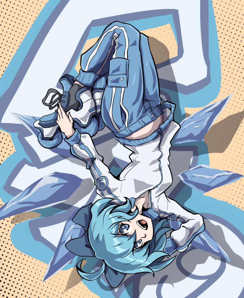 (9) :d absurdres alternate_costume bangs blue_bow blue_eyes blue_hair blue_pants bow cirno cirno_day english_commentary full_body graffiti hair_bow highres ice ice_wings jacket jet_set_radio long_sleeves looking_at_viewer open_mouth pants pocket polka_dot polka_dot_background roller_skates shaft_(shaf_it) short_hair skates smile touhou upside-down white_jacket wings