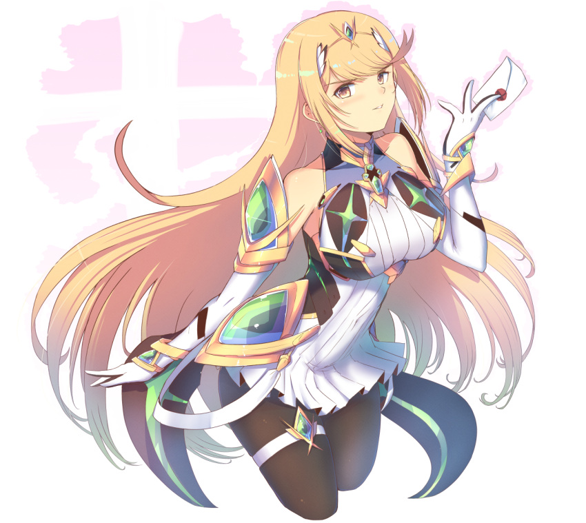 1girl bangs bare_legs bare_shoulders blonde_hair breasts cat_with_a_brush chest_jewel cleavage_cutout clothing_cutout dress earrings elbow_gloves gloves highres jewelry large_breasts long_hair mythra_(massive_melee)_(xenoblade) mythra_(xenoblade) pantyhose smash_invitation super_smash_bros. xenoblade_chronicles_(series) xenoblade_chronicles_2