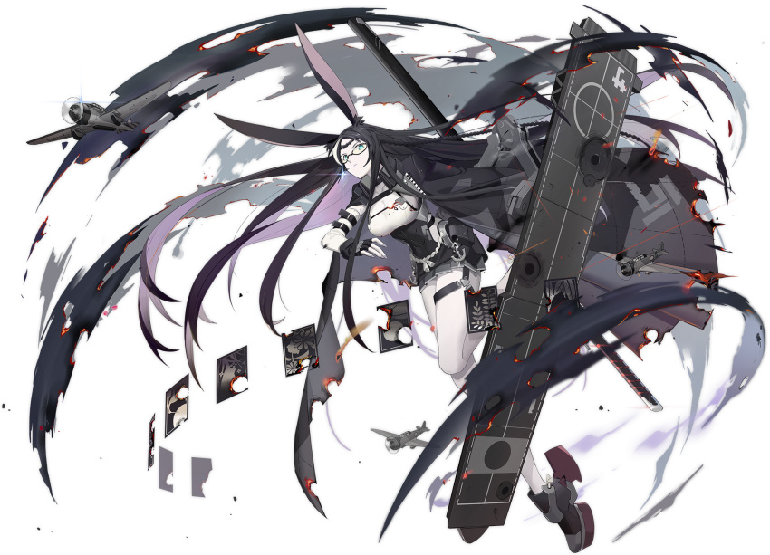 1girl aircraft animal_ears azur_lane embers fingerless_gloves full_body glasses gloves green_eyes highres long_hair looking_at_viewer official_art pale_skin pleated_skirt rabbit_ears skirt smile solo souryuu_(azur_lane) souryuu_(meta)_(azur_lane) thigh_strap transparent_background xiao_(ye_yiaoxi)