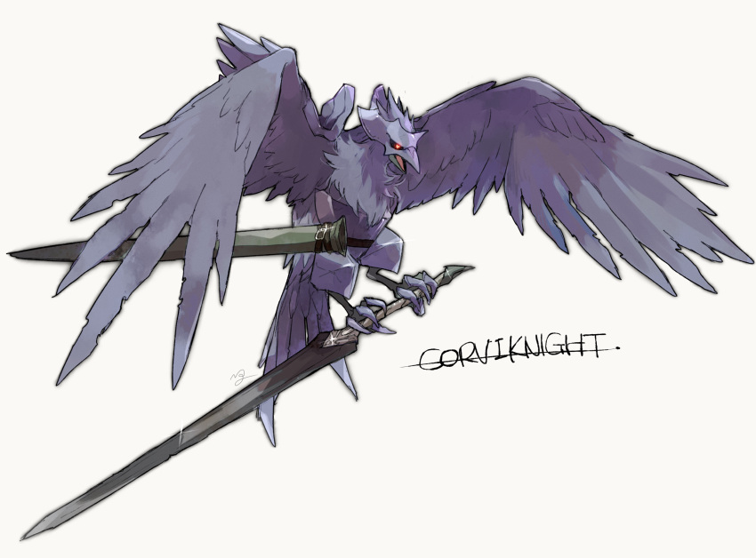 bird black_sclera character_name colored_sclera commentary_request corviknight gen_8_pokemon glowing glowing_eyes highres holding holding_sword holding_weapon looking_down ngr_(nnn204204) no_humans open_mouth pokemon pokemon_(creature) red_eyes sheath signature simple_background solo sword tongue weapon white_background