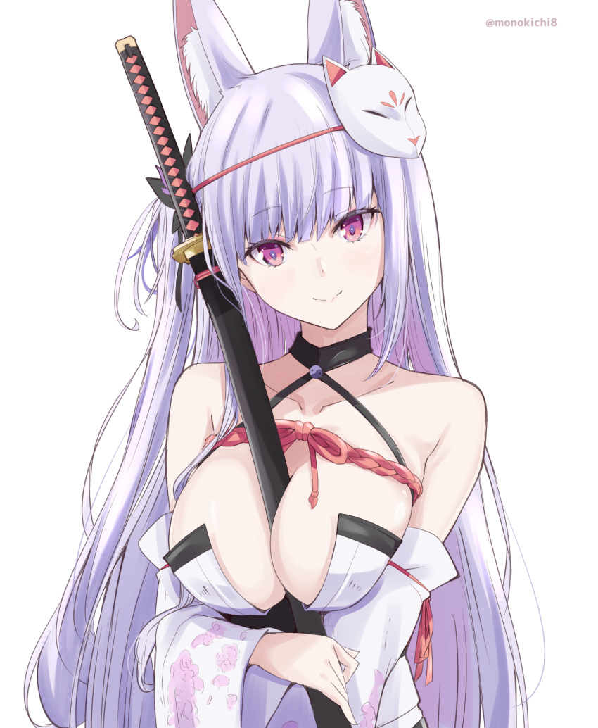 1girl animal_ears bangs bare_shoulders blue_hair blunt_bangs breasts closed_mouth collarbone detached_sleeves eyebrows_visible_through_hair fox_ears fox_girl fox_mask highres japanese_clothes kamishiro_natsume katana kichihachi large_breasts long_hair looking_at_viewer mask mask_on_head melty+ pink_eyes simple_background smile solo sword virtual_youtuber weapon white_background