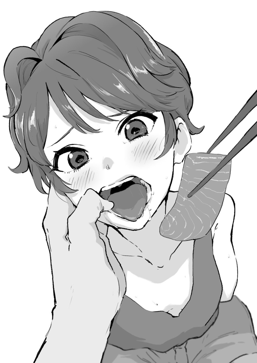 1girl 1other aikatsu! aikatsu!_(series) chopsticks dress feeding finger_in_another's_mouth food force-feeding greyscale highres holding holding_food ichinose_kaede looking_at_viewer monochrome open_mouth osame pov pov_hands saliva short_hair simple_background sushi tongue tongue_out white_background wide-eyed