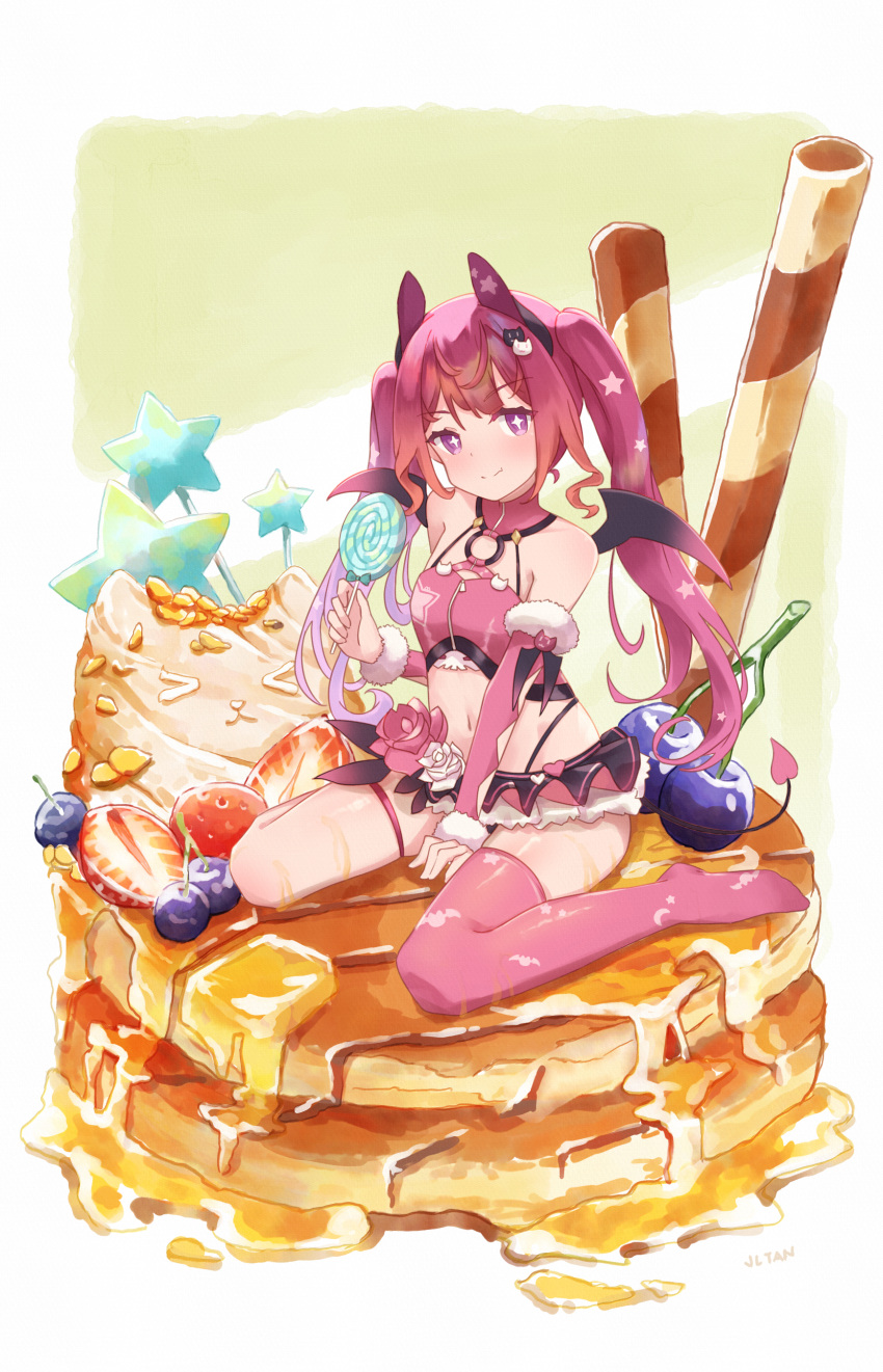 +_+ 1girl absurdres artist_name bangs bare_shoulders between_legs black_panties blueberry border breasts candy cat_hair_ornament closed_mouth commentary demon_tail demon_wings detached_sleeves flower food fruit full_body fur-trimmed_sleeves fur_trim hair_ornament hand_between_legs highleg highleg_panties highres holding holding_food indie_virtual_youtuber jl_tan leotard lollipop long_hair looking_at_viewer mel_mellow midriff navel oversized_food pancake panties pink_flower pink_hair pink_legwear pink_tubetop single_thighhigh sitting skindentation small_breasts smile solo star_(symbol) strapless strawberry tail thigh-highs thigh_strap tube_top twintails underwear violet_eyes virtual_youtuber wariza white_border white_flower wings