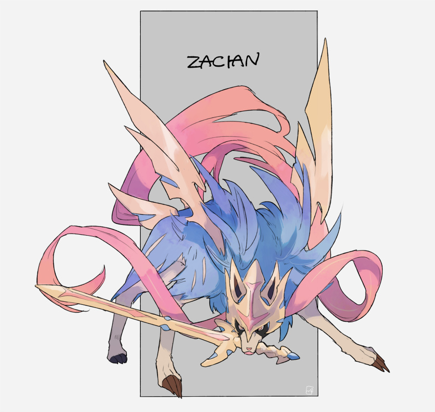 blue_fur character_name claws commentary_request full_body gen_8_pokemon highres legendary_pokemon legs_apart looking_at_viewer mouth_hold ngr_(nnn204204) no_humans pokemon pokemon_(creature) signature standing sword weapon yellow_eyes zacian zacian_(crowned)