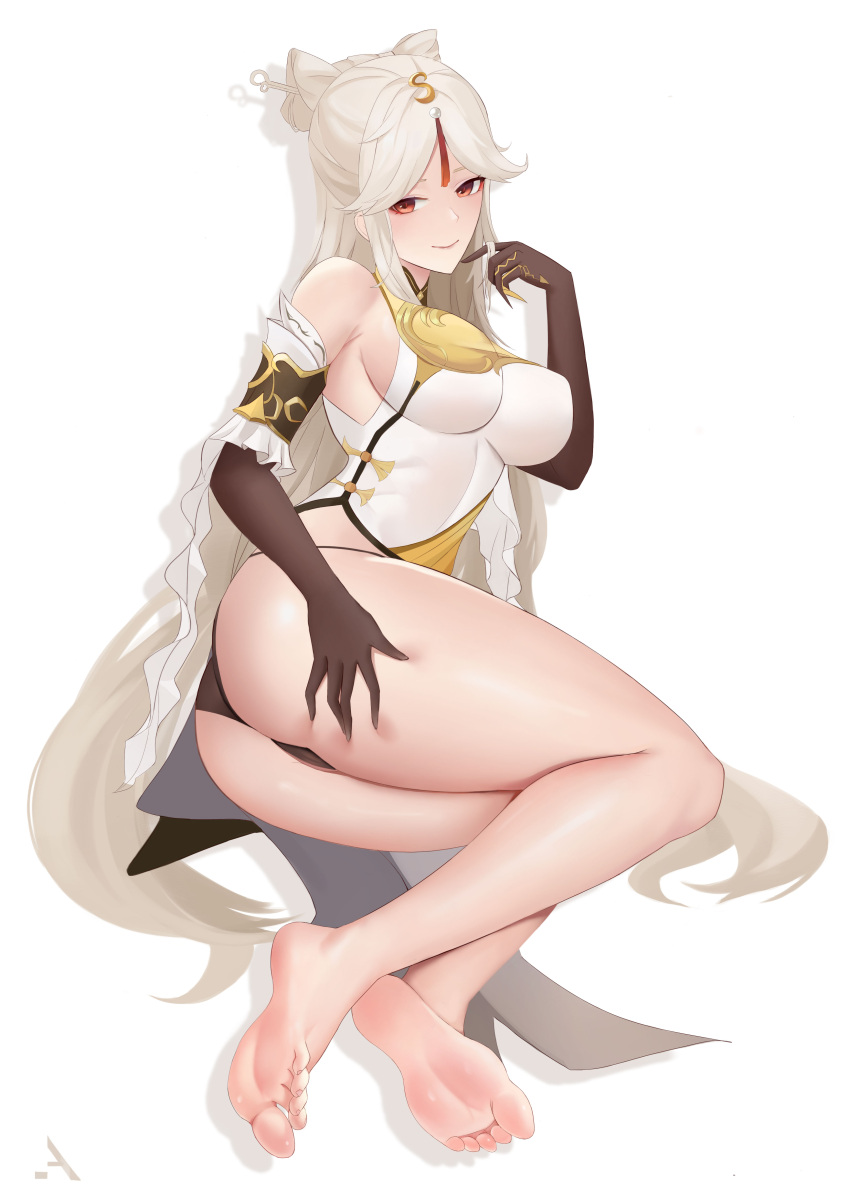 1girl absurdres armpits bare_legs barefoot breasts china_dress chinese_clothes claw_ring dress elbow_gloves feet fur_collar genshin_impact gloves hair_ornament hair_stick hairpin highres legs long_hair looking_at_viewer ningguang_(genshin_impact) red_eyes silver_hair soles toes ultra_(511455329)