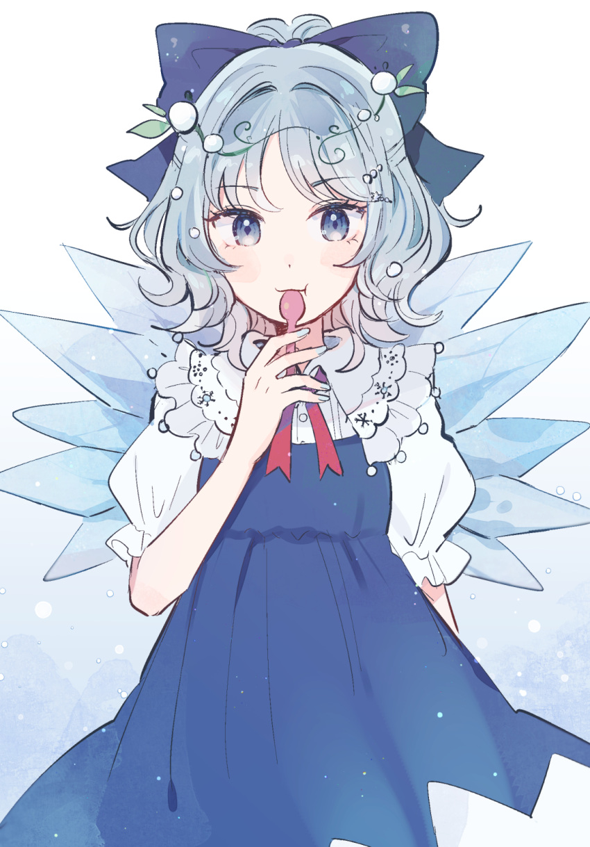 1girl bangs blue_bow blue_dress blue_eyes blue_hair bow cirno closed_mouth dress eyebrows_visible_through_hair hair_between_eyes highres ice ice_wings looking_at_viewer mozukuzu_(manukedori) short_hair solo touhou wings