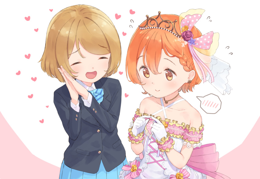 2girls bangs blue_neckwear blue_sky bow bowtie brown_hair buttons closed_eyes collared_shirt commentary_request dress earrings eichisu fingers_together flying_sweatdrops frilled_dress frills gloves hands_together heart hoshizora_rin jewelry koizumi_hanayo long_sleeves love_live! multiple_girls necklace off-shoulder_dress off_shoulder open_mouth orange_hair otonokizaka_school_uniform pink_ribbon pleated_skirt polka_dot ribbon school_uniform shiny shiny_hair shirt short_hair skirt sky smile spoken_blush swept_bangs tiara white_gloves white_shirt wrist_cuffs yellow_eyes