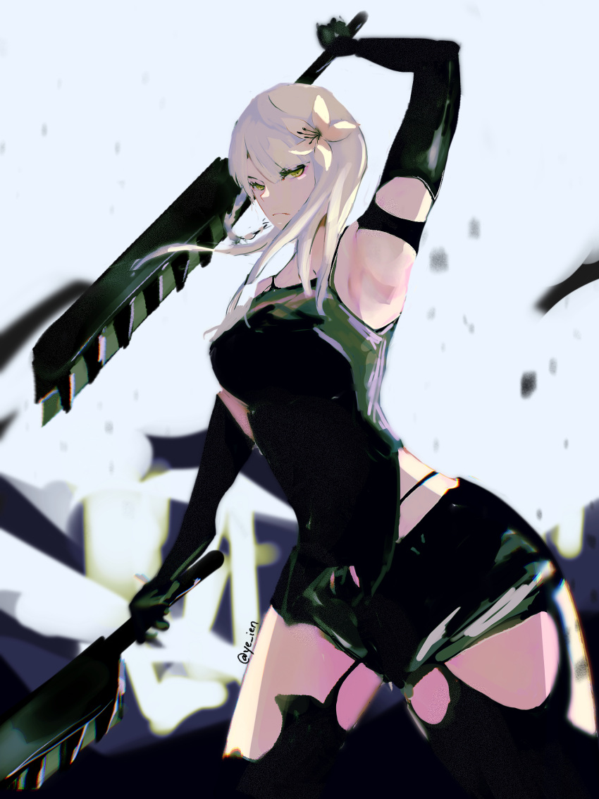 1girl arm_up armpits bangs cosplay dual_wielding elbow_gloves flower gloves green_eyes hair_flower hair_ornament highres holding holding_sword holding_weapon kaine_(nier) medium_hair nier nier_(series) nier_automata parted_bangs shorts signature solo sword tank_top thigh-highs twitter_username weapon white_hair ye_ien yorha_type_a_no._2 yorha_type_a_no._2_(cosplay)