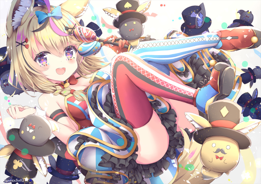 1girl :d ahoge animal_ears arm_strap asymmetrical_footwear asymmetrical_legwear bangs blonde_hair blue_legwear blue_skirt bow bow_skirt bowtie braid club_hair_ornament diamond_hair_ornament elbow_gloves facial_mark fox_ears fox_girl fox_tail full_body gloves hair_between_eyes hair_ornament hair_over_shoulder hairclip halter_top halterneck heart heart-shaped_pupils heart_hair_ornament hololive layered_skirt legs_up long_hair looking_at_viewer lying miniskirt mismatched_footwear mismatched_legwear multicolored_hair niwasane_(saneatsu03) omaru_polka on_back open_mouth pink_hair pink_legwear playing_card_theme red_footwear red_gloves red_neckwear shoes side_braid single_elbow_glove skirt sleeve_cuffs smile solo_focus spade_hair_ornament streaked_hair striped striped_legwear symbol-shaped_pupils tail thigh-highs vertical-striped_legwear vertical-striped_skirt vertical_stripes violet_eyes virtual_youtuber x_hair_ornament zain_(omaru_polka)