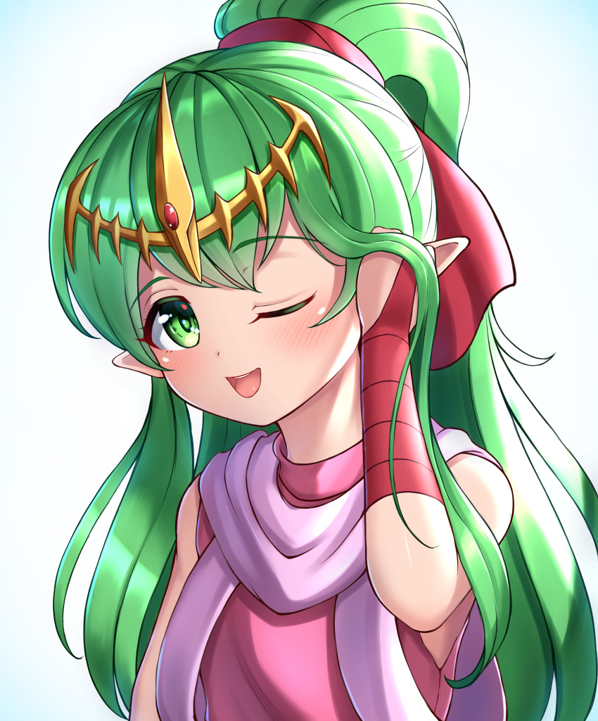 1girl absurdres adjusting_hair bangs bare_shoulders blue_background blush bridal_gauntlets child commentary_request dress eyebrows_visible_through_hair fire_emblem fire_emblem:_mystery_of_the_emblem flat_chest gem gloves gradient gradient_background green_eyes green_hair hair_ribbon hand_up happy highres hondaranya long_hair looking_at_viewer one_eye_closed open_mouth pink_dress pointy_ears ponytail purple_scarf red_gloves red_ribbon ribbon ruby_(gemstone) scarf shiny shiny_hair sidelocks simple_background single_bridal_gauntlet single_glove sleeveless sleeveless_dress smile solo teeth tiara tied_hair tiki_(fire_emblem) upper_body yellow_headwear