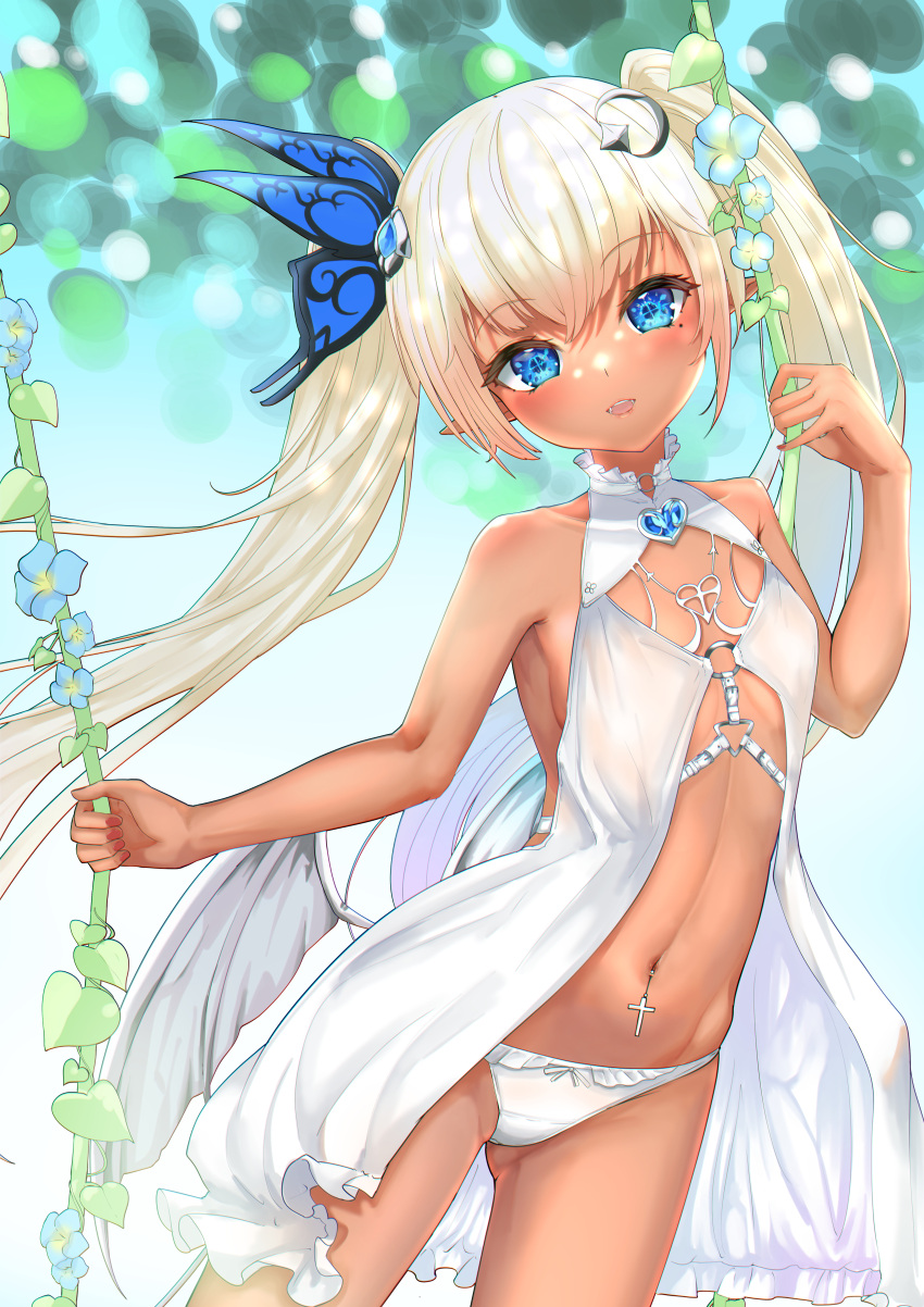 1girl absurdres alikap arm_up ass_visible_through_thighs blonde_hair blue_eyes breasts butterfly_hair_ornament dark_skin dress elf fangs hair_ornament highres huge_filesize long_hair looking_at_viewer navel navel_piercing open_clothes open_dress open_mouth original panties piercing pointy_ears sleeveless sleeveless_dress small_breasts smile solo sundress thighs underwear very_long_hair white_dress white_panties