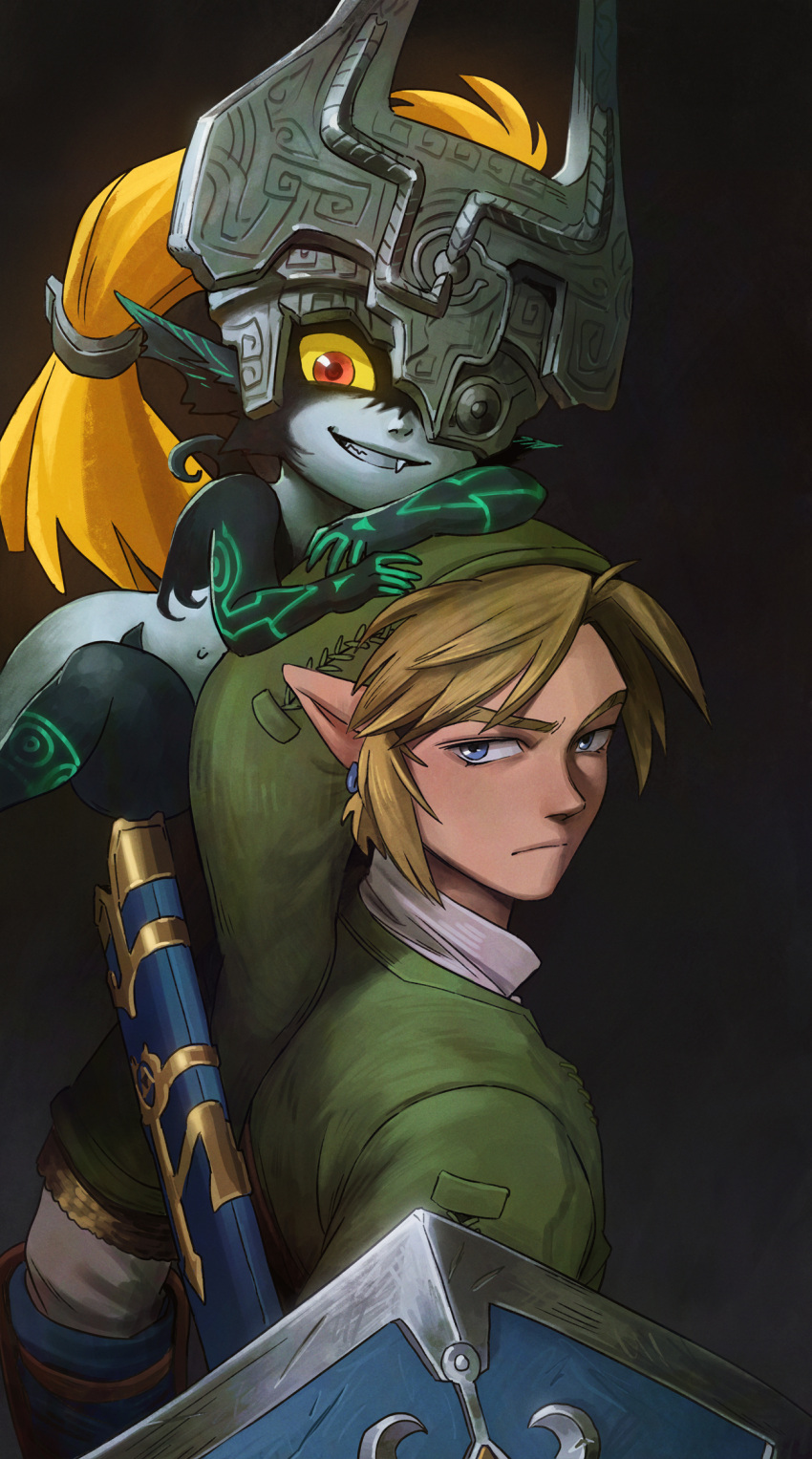 1boy 1girl blonde_hair blue_eyes closed_mouth collared_shirt earrings fang full_body green_tunic grin highres holding holding_shield jewelry layered_sleeves link long_sleeves looking_at_viewer looking_back looking_to_the_side malin_falch mask midna one_eye_covered orange_eyes orange_hair pointy_ears scabbard sheath shield shirt short_over_long_sleeves short_sleeves smile teeth the_legend_of_zelda the_legend_of_zelda:_twilight_princess unsheathed upper_body