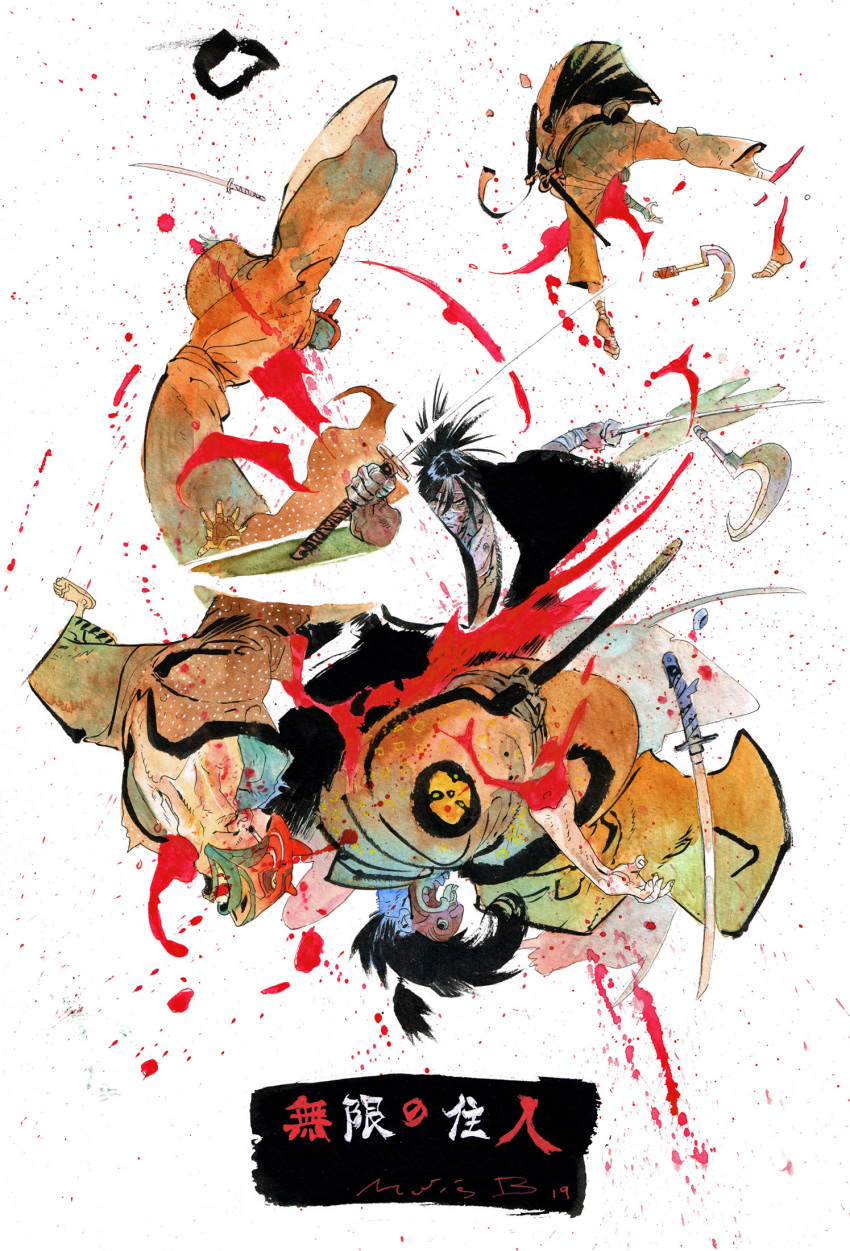 5boys bandages bangs black_hair black_hakama blade_of_the_immortal bleeding blood blood_on_clothes blood_on_hands blood_on_weapon blood_splatter collarbone commentary cross_scar death dual_wielding flying hair_over_eyes hakama highres holding holding_sword holding_weapon japanese_clothes katana kimono looking_at_viewer male_focus manji mask mask_on_head matias_bergara multiple_boys oni_mask open_clothes painting_(medium) ponytail samurai scabbard scar scar_on_chest scar_on_face serious sheath sickle simple_background slashing sliced sword torn_clothes traditional_media weapon white_background