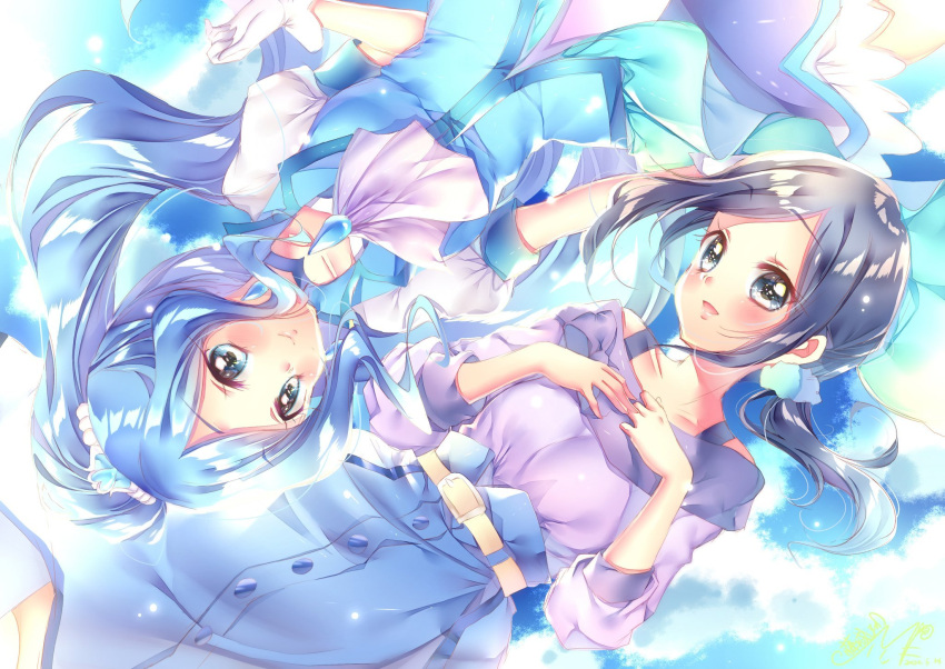 2girls ascot bangs belt blue_dress blue_eyes blue_hair blue_skirt closed_eyes commentary_request cure_fontaine dress dual_persona earrings gloves hair_ornament hair_scrunchie hands_on_own_chest healin'_good_precure high-waist_skirt highres jewelry long_hair looking_at_another low_ponytail lying magical_girl medium_skirt multiple_girls off-shoulder_shirt off_shoulder on_back open_mouth precure puffy_short_sleeves puffy_sleeves purple_shirt sawaizumi_chiyu scrunchie shirt short_dress short_sleeves skirt smile swept_bangs tiara touki_matsuri white_belt white_gloves white_headwear white_neckwear