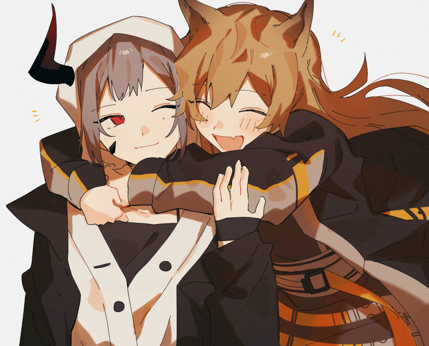 2girls animal_ears arknights arm_around_neck bangs blush brown_hair ceobe_(arknights) closed_eyes closed_mouth dog_ears dog_girl fang fang_out happy highres horns hug jacket keeta long_hair multiple_girls one_eye_closed open_mouth oripathy_lesion_(arknights) red_eyes short_hair single_horn skin_fang vulcan_(arknights)