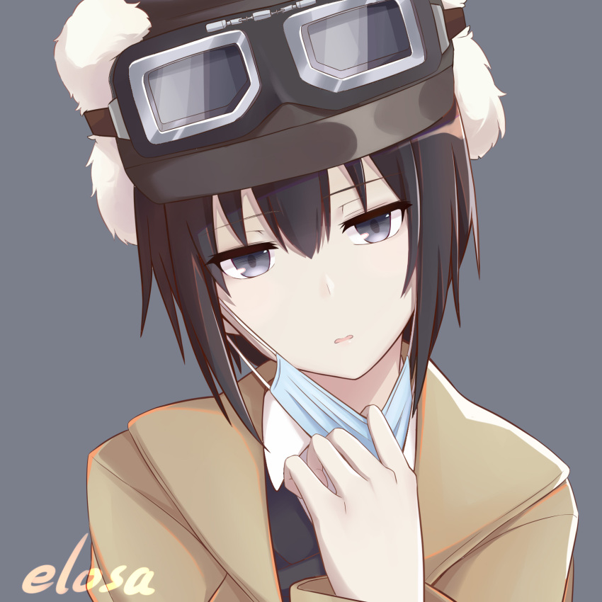 1girl androgynous artist_name bangs black_eyes black_hair black_jacket brown_coat close-up coat dress_shirt elo_suna fur_hat goggles goggles_on_headwear hair_between_eyes hand_on_own_chest hat head_tilt highres jacket kino_(kino_no_tabi) kino_no_tabi looking_at_viewer lowered_eyelids mask mask_pull mouth_mask parted_lips portrait shirt short_hair solo surgical_mask tomboy ushanka white_shirt