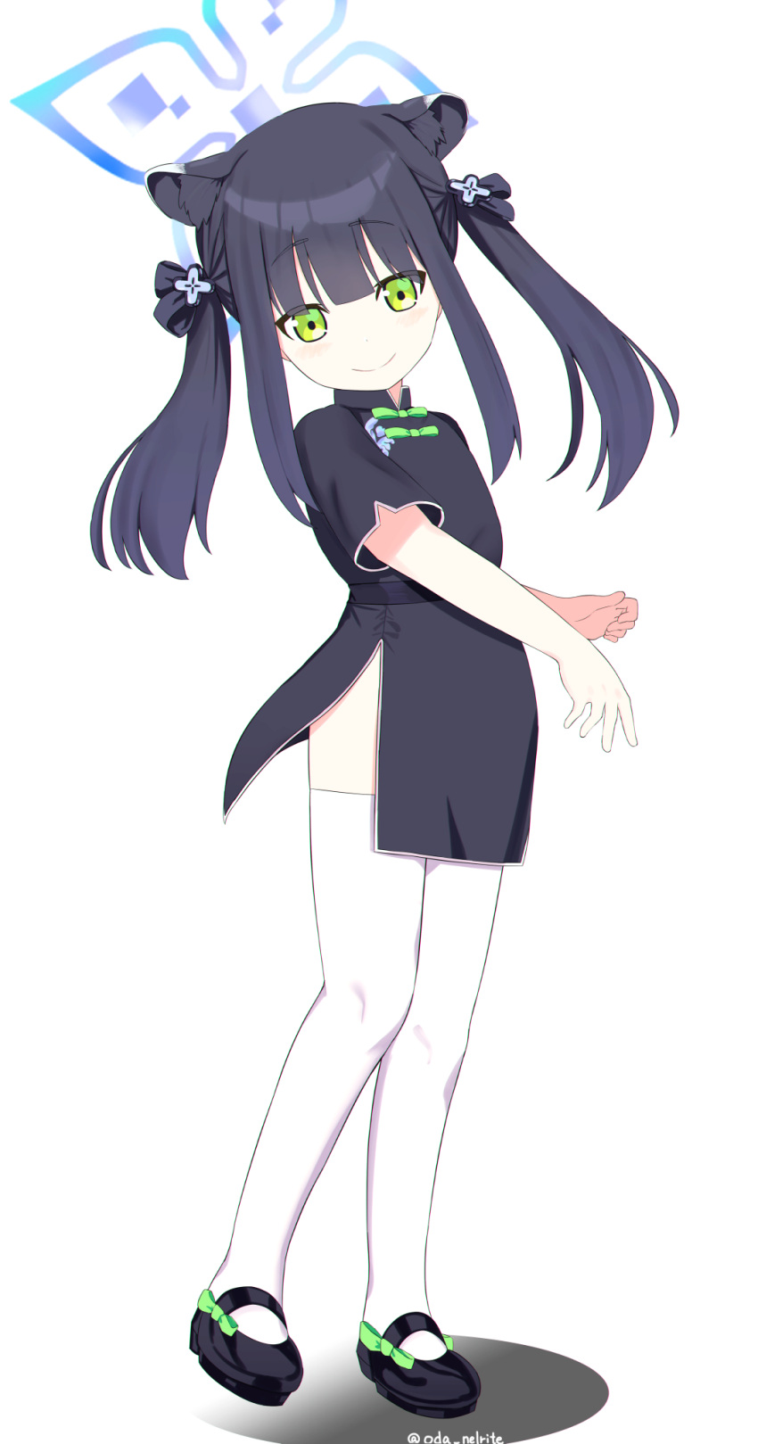1girl animal_ear_fluff animal_ears bangs black_dress black_footwear black_hair blue_archive blunt_bangs china_dress chinese_clothes dress eyebrows_visible_through_hair full_body green_eyes highres long_hair looking_at_viewer mary_janes odaneru_apart shoes short_sleeves shun_(blue_archive) simple_background smile solo thigh-highs tiger_ears tiger_girl twintails white_background white_legwear