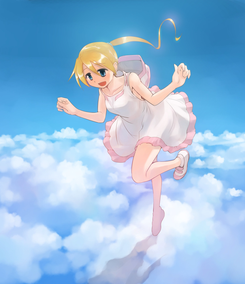 1girl above_clouds bangs blonde_hair blue_eyes blue_sky clouds day dress eyebrows_visible_through_hair floating highres hood hood_down hooded_dress ikeda_jun_(mizutamari) leaning_forward leg_up long_hair open_mouth original outdoors ponytail redrawn shadow short_dress sky smile solo w_arms white_footwear