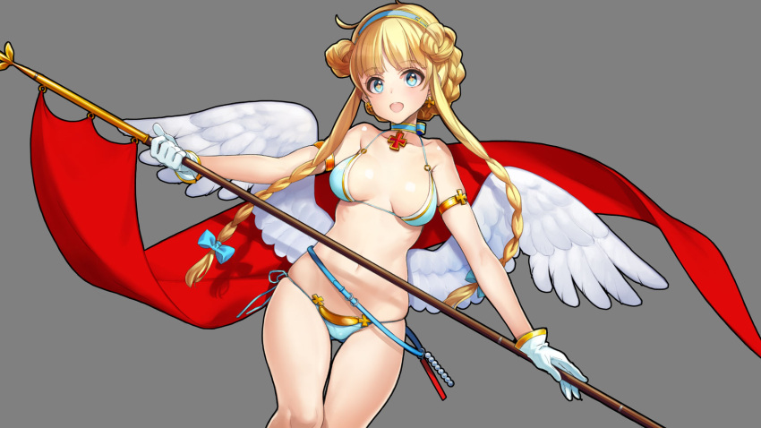 +_+ 1girl angel_wings armlet ass_visible_through_thighs bangs belt bikini blonde_hair blue_belt blue_bikini blue_bow blue_choker blue_eyes blue_hairband bow braid choker cross cross_choker cross_earrings double_bun dutch_angle earrings eiyuu_senki_ww eyebrows_visible_through_hair flag gloves grey_background hair_bow hairband halterneck highres holding holding_flag jeanne_d'arc_(eiyuu_senki) jewelry looking_at_viewer low_wings navel open_mouth oyari_ashito short_hair_with_long_locks side-tie_bikini sidelocks simple_background skindentation smile solo standing string_bikini swimsuit thigh_gap tied_hair twin_braids white_gloves white_wings wings