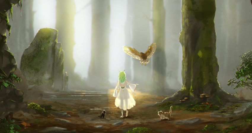 1girl absurdres bird cat ceres_fauna dress forest green_hair hair_ornament highres hololive hololive_english long_sleeves nature owl sunlight toren_2p2t virtual_youtuber