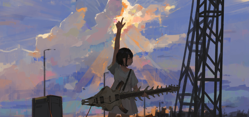 1girl amplifier_(instrument) animal_skull arm_up bare_arms black_hair blue_sky clouds commentary_request cowboy_shot dress electric_guitar guitar highres index_finger_raised instrument lamppost light_rays looking_to_the_side original parted_lips profile short_hair short_sleeves sky smile solo sunbeam sunlight transmission_tower white_dress xilmo