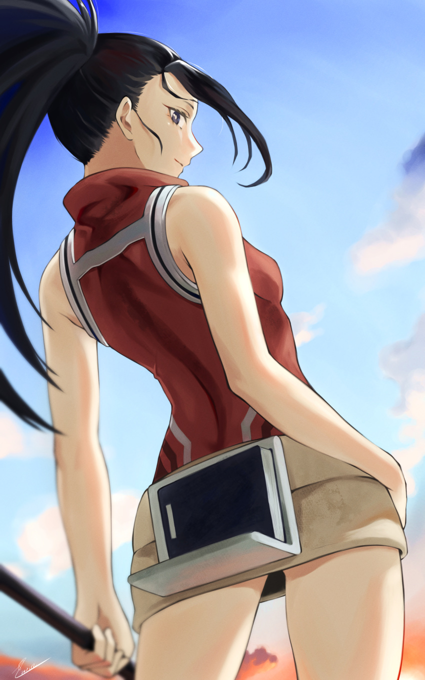 1girl absurdres black_eyes black_hair blue_sky boku_no_hero_academia breasts closed_mouth cowboy_shot day fengling_(furin-jp) floating_hair from_behind high_ponytail highres holding holding_staff huge_filesize jacket long_hair outdoors profile red_jacket signature sky sleeveless sleeveless_jacket small_breasts smile solo staff standing very_long_hair yaoyorozu_momo