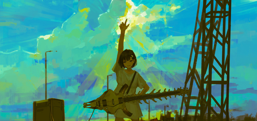1girl amplifier_(instrument) animal_skull arm_up bare_arms blue_sky brown_eyes brown_hair clouds commentary_request cowboy_shot dress electric_guitar guitar hair_ornament hairclip hand_on_hip highres instrument lamppost light_rays looking_at_viewer open_mouth original short_hair short_sleeves sky smile solo sunbeam sunlight transmission_tower white_dress xilmo
