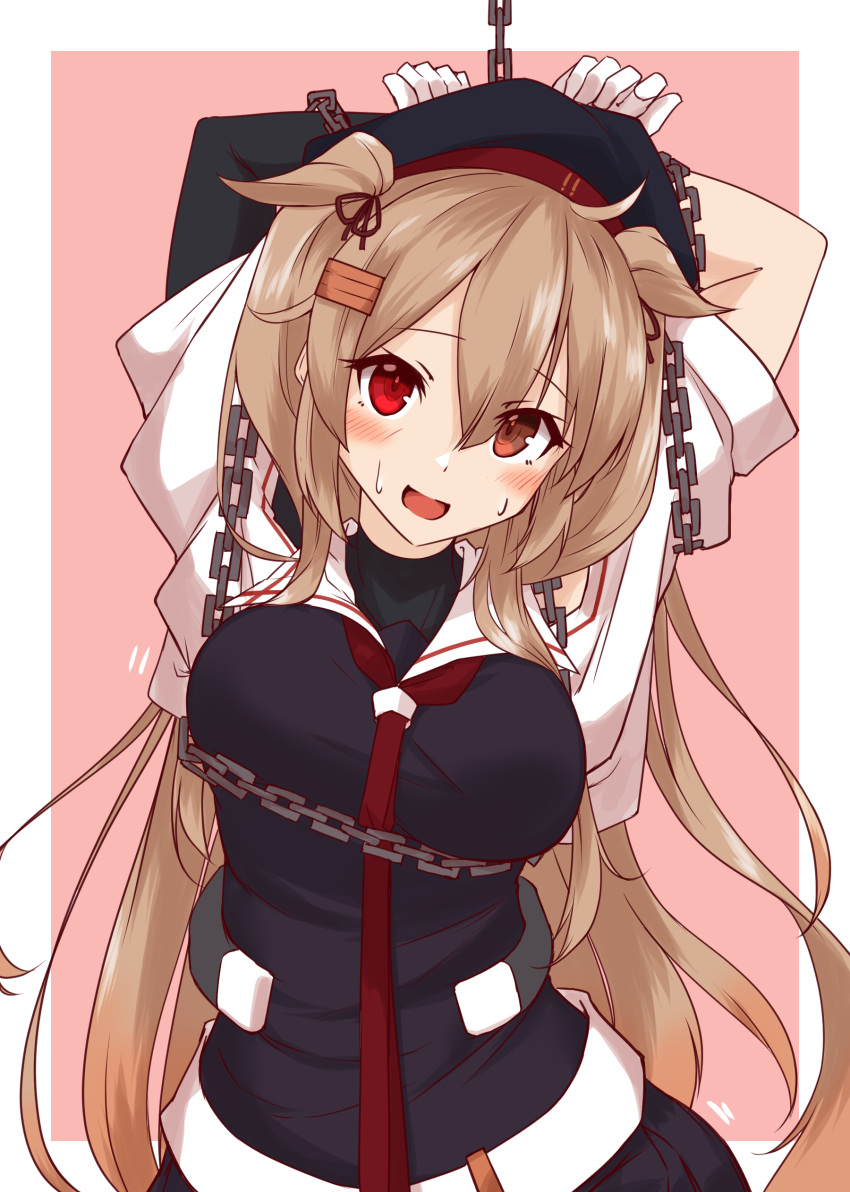 1girl absurdres arms_up asymmetrical_clothes black_serafuku border bound brown_eyes chain commentary_request gloves gradient_hair heterochromia highres kantai_collection light_brown_hair long_hair multicolored_hair murasame_(kancolle) neck_ribbon red_background red_eyes red_neckwear remodel_(kantai_collection) ribbon sailor_collar school_uniform serafuku shiba_(zudha) solo two-tone_background two_side_up white_border white_gloves white_sailor_collar