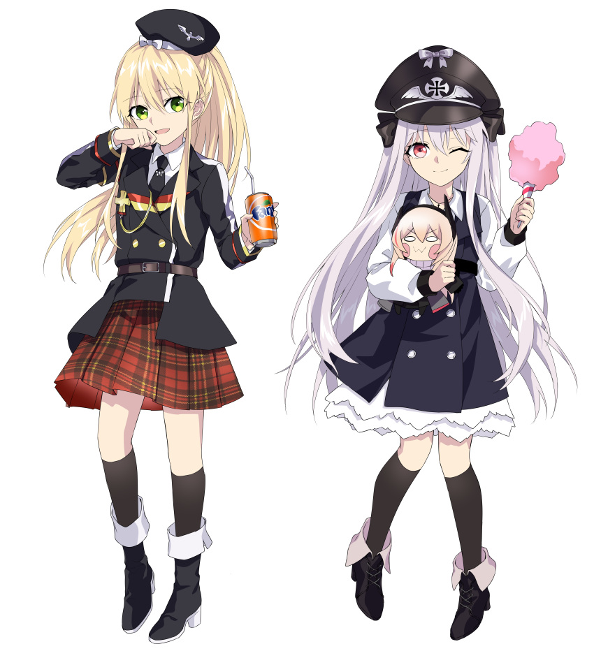 2girls absurdres beret black_dress black_footwear black_headwear black_jacket black_legwear blonde_hair boots closed_mouth doll_hug dress eyebrows_visible_through_hair fanta girls_frontline green_eyes hat highres jacket kar98k_(girls'_frontline) long_hair looking_at_viewer m4_sopmod_ii_jr military_hat multiple_girls necktie object_hug one_eye_closed open_mouth ponytail shirt silver_hair skirt smile standing stg44_(girls'_frontline) suprii thigh-highs violet_eyes white_background white_shirt younger