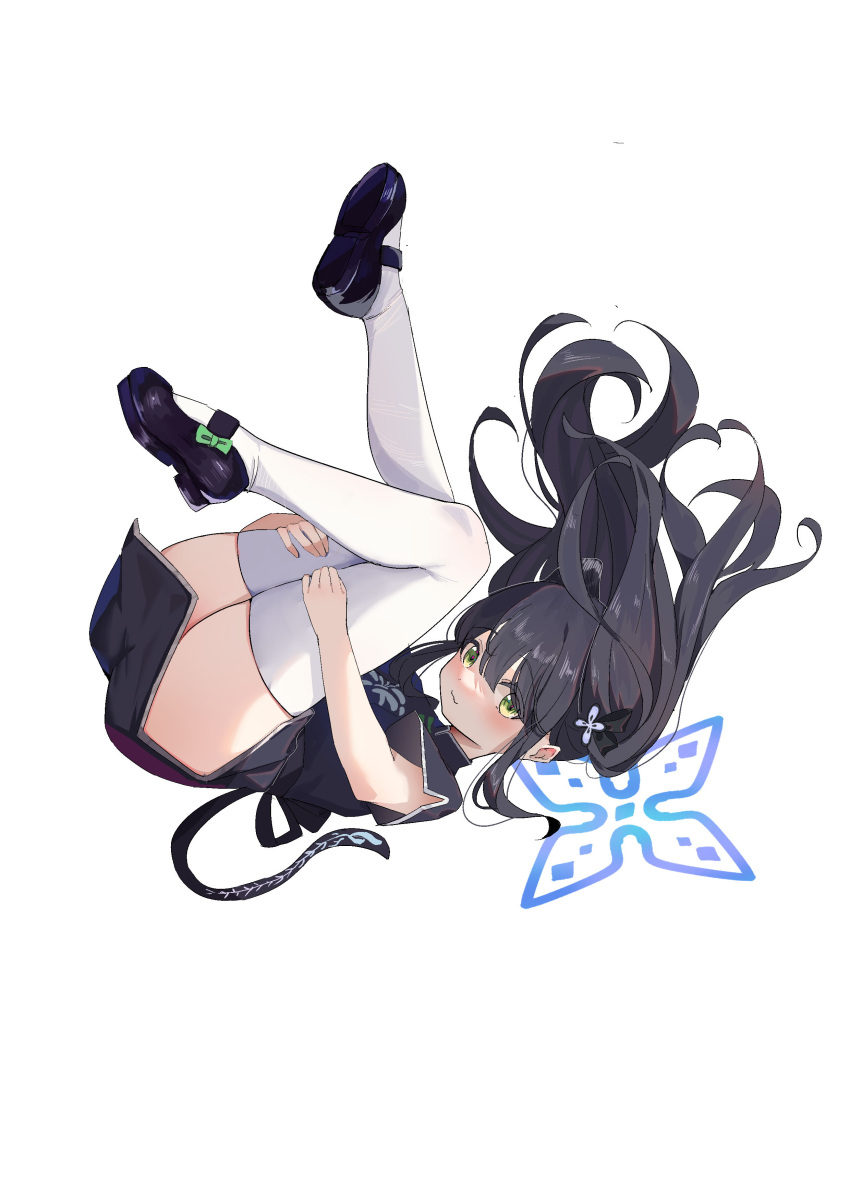 1girl absurdres animal_ear_fluff animal_ears ass bangs black_dress black_footwear black_hair blue_archive blunt_bangs blush china_dress chinese_clothes dress etoile falling green_eyes highres legs legs_up long_hair mary_janes shoes short_sleeves shun_(blue_archive) simple_background solo thigh-highs thighs tiger_ears tiger_girl twintails white_background white_legwear