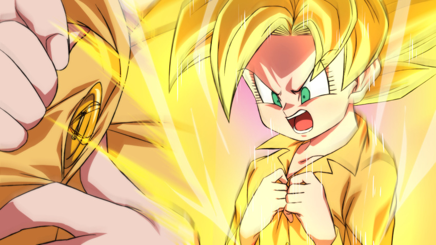 1girl aura bangs blonde_hair buttons closed_mouth dragon_ball dragon_ball_gt green_eyes medium_hair multiple_views open_mouth pajamas pan_(dragon_ball) rom_(20) sidelocks spiky_hair super_saiyan super_saiyan_1 sweat transformation upper_body v-shaped_eyebrows