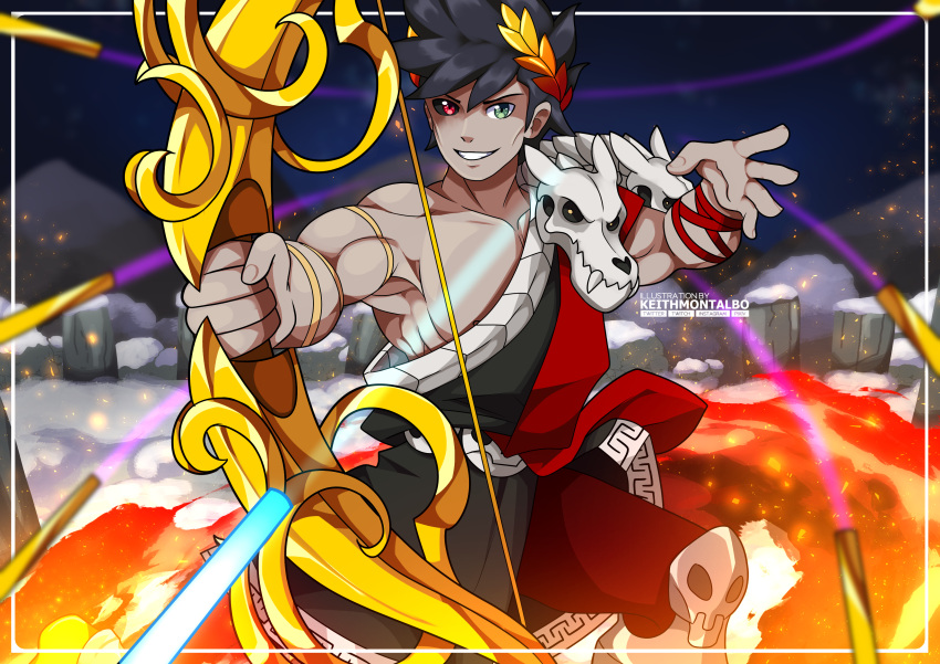 1boy absurdres artist_name black_hair black_sclera bow_(weapon) colored_sclera fire greek_clothes green_eyes grin hades_(game) heterochromia highres keith_montalbo laurel_crown male_focus mismatched_sclera muscular muscular_male red_eyes single_bare_shoulder skull smile snow weapon zagreus_(hades)