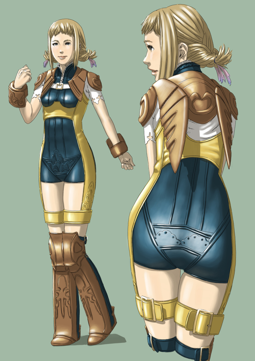 1girl ass blonde_hair bodysuit braid breasts closed_mouth final_fantasy final_fantasy_xii full_body highres kainaka_ichijiku looking_at_viewer medium_hair penelo simple_background smile solo standing thigh-highs twin_braids twintails