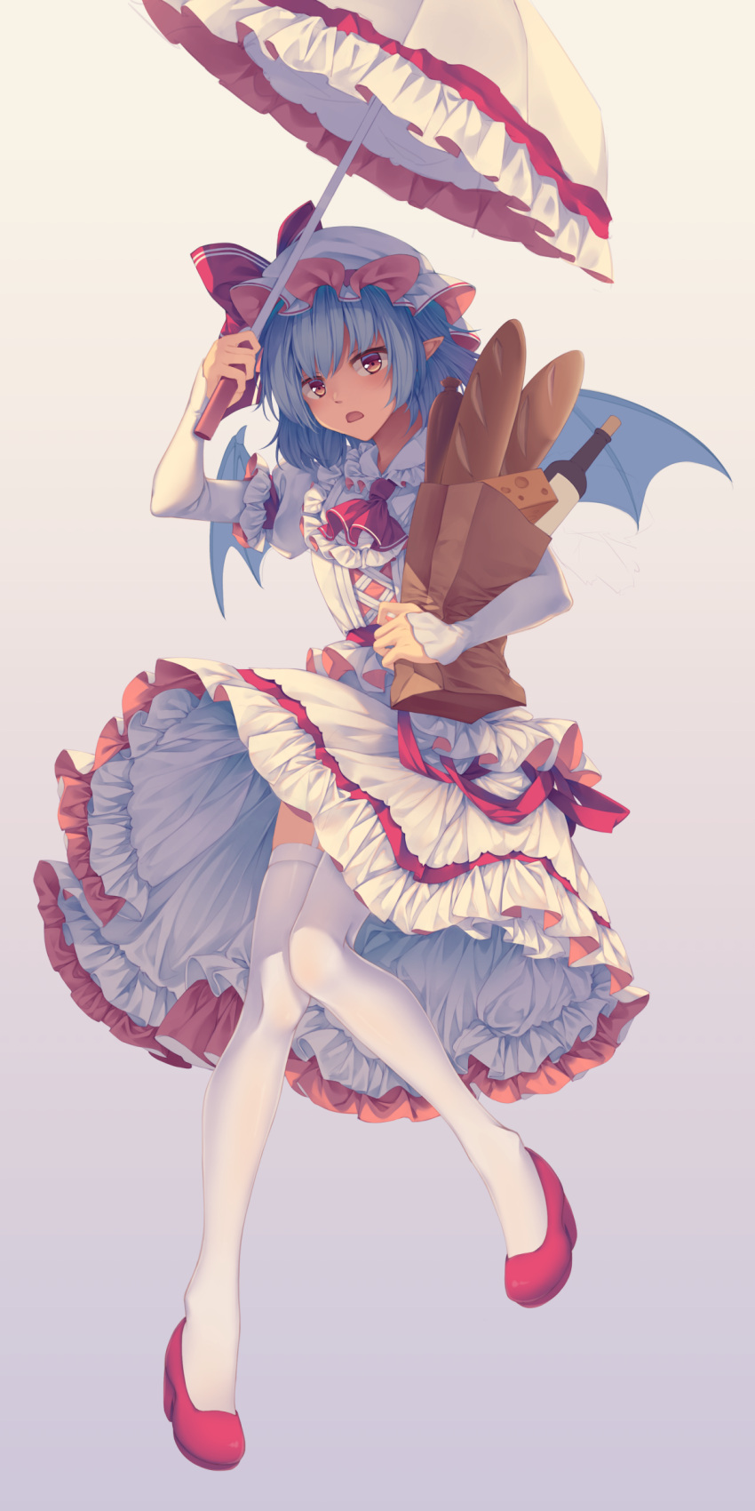 1girl absurdres alcohol ascot bag baguette bat_wings blue_hair bow bread cheese chorizo dress fang food frills high_heels highres holding holding_umbrella mechrailgun paper_bag parasol puffy_sleeves red_bow red_eyes red_footwear red_ribbon remilia_scarlet ribbon ribbon_trim shade short_hair short_sleeves simple_background thigh-highs touhou umbrella white_background white_dress white_legwear wine wings