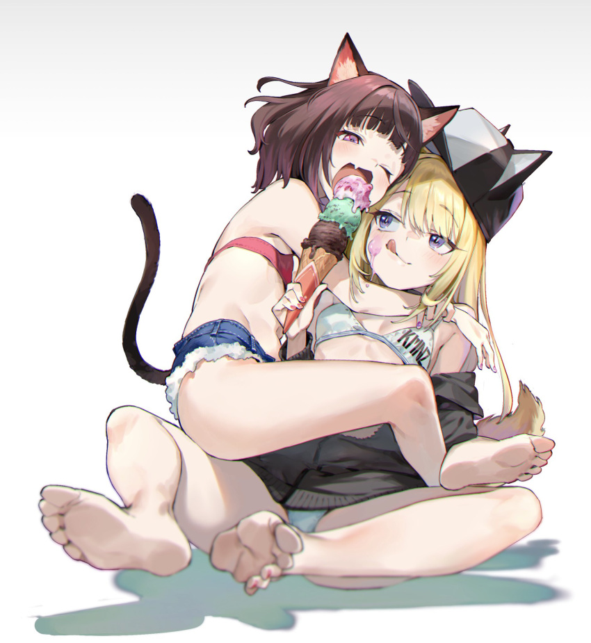 2girls animal_ears animal_hat aqua_bra aqua_panties arms_around_neck bangs barefoot baseball_cap black_choker black_headwear black_jacket blonde_hair blunt_bangs blush bra breasts brown_hair cat_tail choker copyright_name denim denim_shorts dog_hat dog_tail eating fang food food_on_face girl_on_top hat hat_with_ears highres holding holding_food ice_cream ice_cream_cone ice_cream_on_face jacket kmnz long_hair long_sleeves mc_lita mc_liz medium_hair multiple_girls nail_polish nonco off_shoulder one_eye_closed open_mouth panties pink_bra pink_nails short_shorts shorts simple_background skin_fang small_breasts straddling tail tail_raised toes tongue tongue_out underwear upright_straddle violet_eyes virtual_youtuber white_background