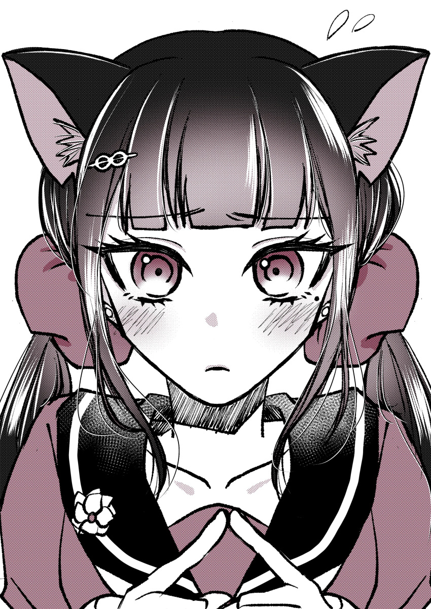 1girl absurdres animal_ears bangs blush bow cat_ears collarbone commentary_request danganronpa_(series) danganronpa_v3:_killing_harmony eyebrows_visible_through_hair fingers_together flying_sweatdrops frown hair_bow hair_ornament hair_scrunchie harukawa_maki highres index_finger_raised long_hair looking_at_viewer mole mole_under_eye monochrome portrait sailor_collar satori_(blueinc324) scrunchie simple_background solo twintails white_background