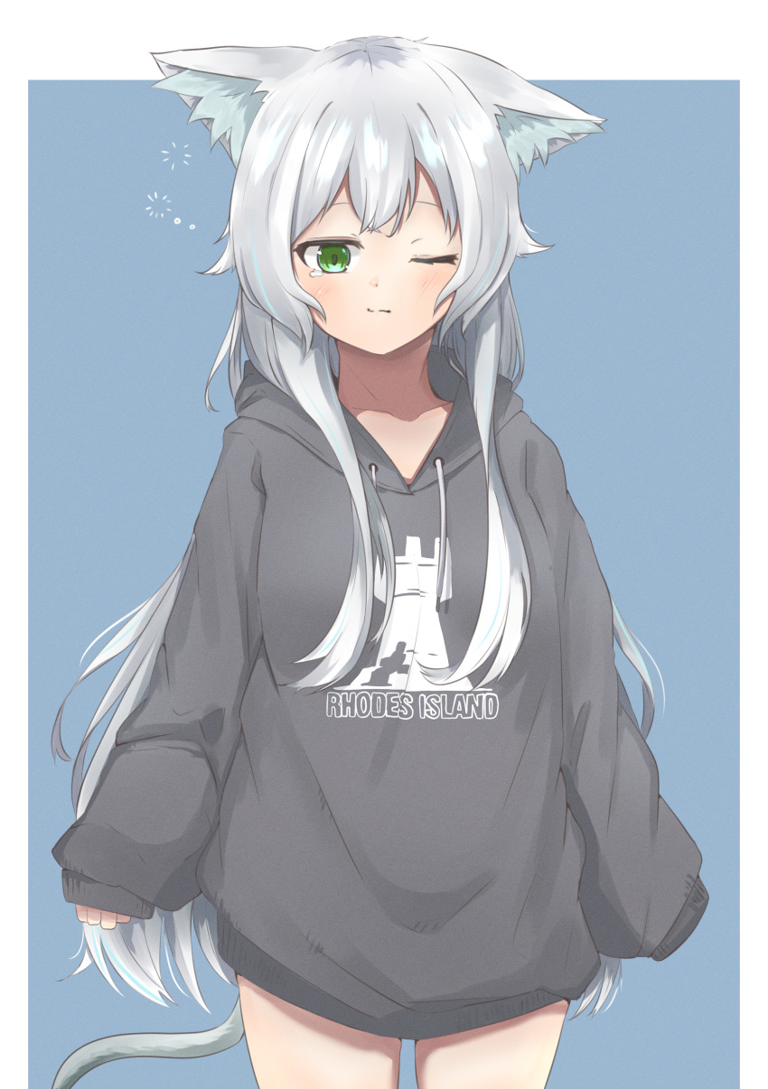 1girl absurdres alternate_costume animal_ears arknights bangs blush cat_ears cat_girl cat_tail closed_mouth green_eyes highres hiiragi_ragi hood hooded_sweater long_hair one_eye_closed oversized_clothes rhodes_island_logo rosmontis_(arknights) silver_hair sleepy sleeves_past_wrists solo sweater tail very_long_hair