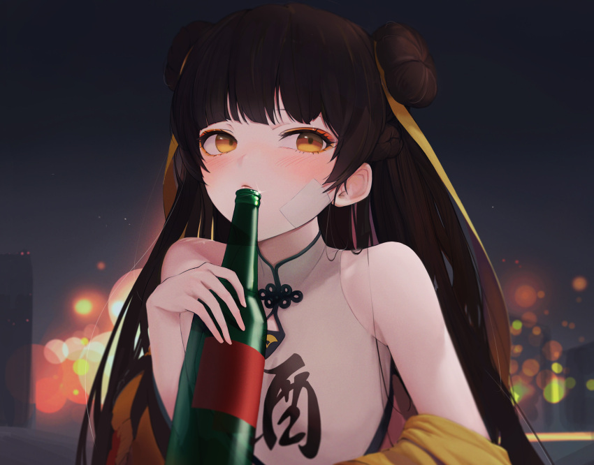 1girl absurdres bandaid bandaid_on_face bangs bare_shoulders black_survival blunt_bangs blurry blurry_background blush bottle brown_hair chinese_clothes double_bun drinking dudou highres jacket lens_flare li_dailin long_hair looking_at_viewer night nose_blush off_shoulder open_clothes open_jacket sleeveless solo takealook upper_body very_long_hair yellow_eyes yellow_jacket yellow_jumpsuit
