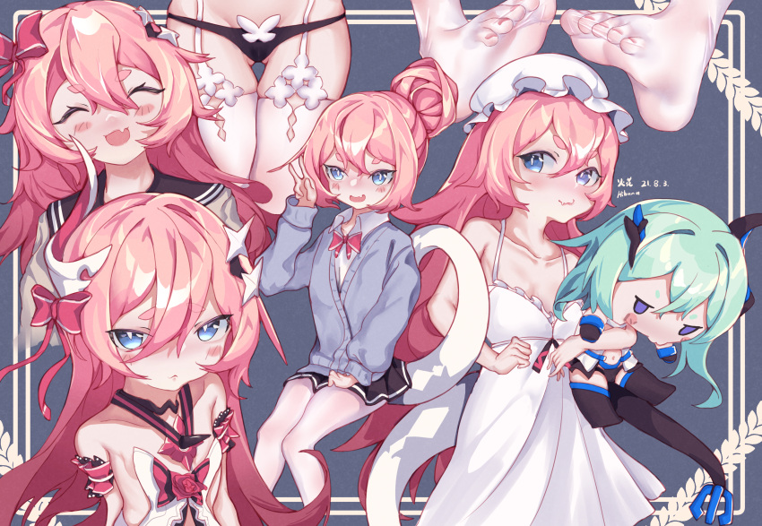 1girl absurdres bangs bare_shoulders black_skirt blue_background blue_eyes blue_sweater blush border bow bowtie closed_mouth clouds doll fang feet hair_between_eyes hair_bun highres honkai_(series) honkai_impact_3rd horns liliya_olenyeva long_hair long_sleeves nail_polish nightgown open_mouth pajamas pantyhose pink_hair pink_nails polo_shirt red_neckwear rozaliya_olenyeva school_uniform shirt single_horn skirt soles solo sweater tail thick_eyebrows thigh-highs toenail_polish toenails toes uesi_hibana v white_headwear white_legwear white_shirt