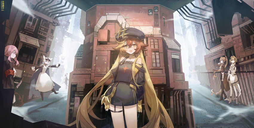 6+girls alchemy_stars aona_(ns) armband arms_at_sides black_shirt black_shorts blonde_hair boots cape commentary copyright_name dated detached_sleeves dress gronru_(alchemy_stars) hat hiiro_(alchemy_stars) long_hair looking_at_viewer multicolored_hair multiple_girls open_mouth peaked_cap philyshy_(alchemy_stars) pink_hair railing redhead sharona_(alchemy_stars) shirt shorts sleeves_past_wrists smile solo_focus standing strap_slip tail tank_top very_long_hair vice_(alchemy_stars) vivian_(alchemy_stars) white_dress yellow_eyes