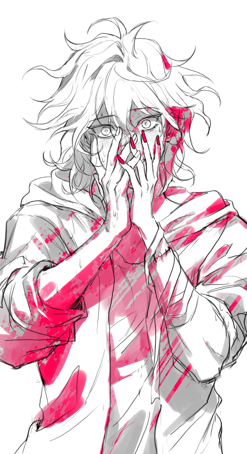 1boy absurdres bangs blood blood_on_clothes danganronpa_(series) danganronpa_2:_goodbye_despair eyebrows_visible_through_hair grin hair_between_eyes hands_on_own_face hands_up highres honjabgog_(ys_hal_sigan_x) hood jacket komaeda_nagito limited_palette long_sleeves looking_at_viewer male_focus messy_hair open_clothes open_jacket parted_lips pink_blood red_nails simple_background smile solo sweat upper_body white_background