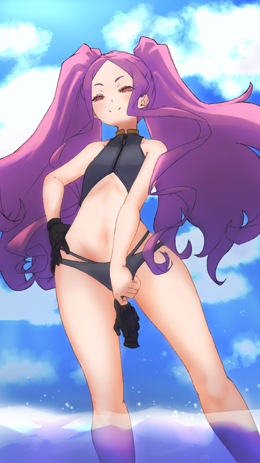 1girl bangs bare_shoulders bikini black_gloves blue_sky blush breasts fate/grand_order fate_(series) forehead gloves grey_bikini highres long_hair looking_at_viewer navel niwaikanai parted_bangs purple_hair sidelocks sky small_breasts smile solo swimsuit thighs twintails very_long_hair violet_eyes wading water wu_zetian_(fate)