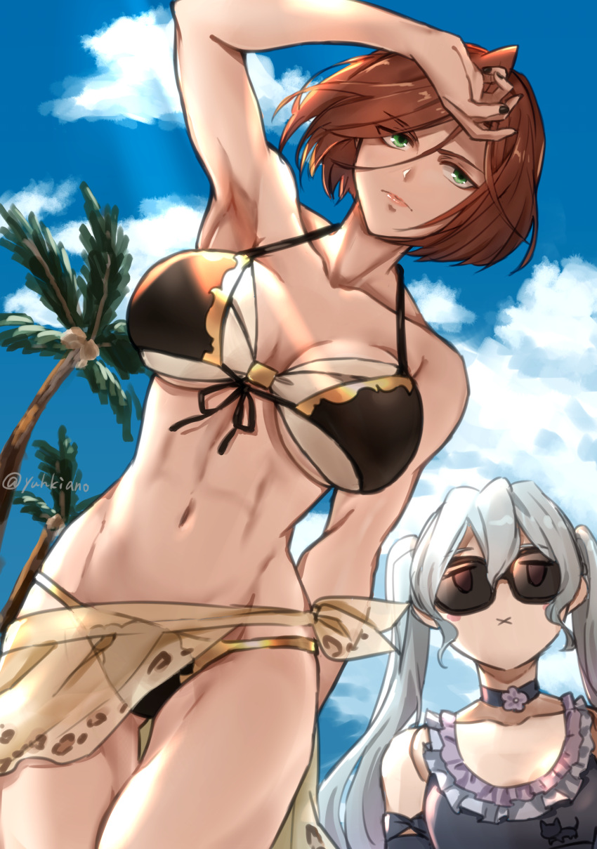 2girls :x abs absurdres arm_up armpits bangs bikini black_knight_(granblue_fantasy) breasts brown_hair choker cowboy_shot eyebrows_visible_through_hair granblue_fantasy green_eyes groin highres large_breasts layered_bikini multiple_girls muscular muscular_female navel orchis palm_tree sarong short_hair sky small_breasts string_bikini sunglasses swimsuit tree twintails white_hair yuhkiano