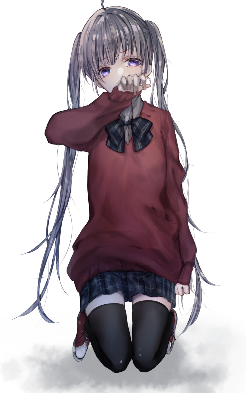 1girl ahoge black_bow bow bowtie enomoto_nao grey_hair hand_up highres long_sleeves looking_at_viewer original plaid plaid_skirt red_footwear red_shirt red_sweater school_uniform shirt shoes simple_background sitting skirt solo sweater thigh-highs twintails violet_eyes white_background