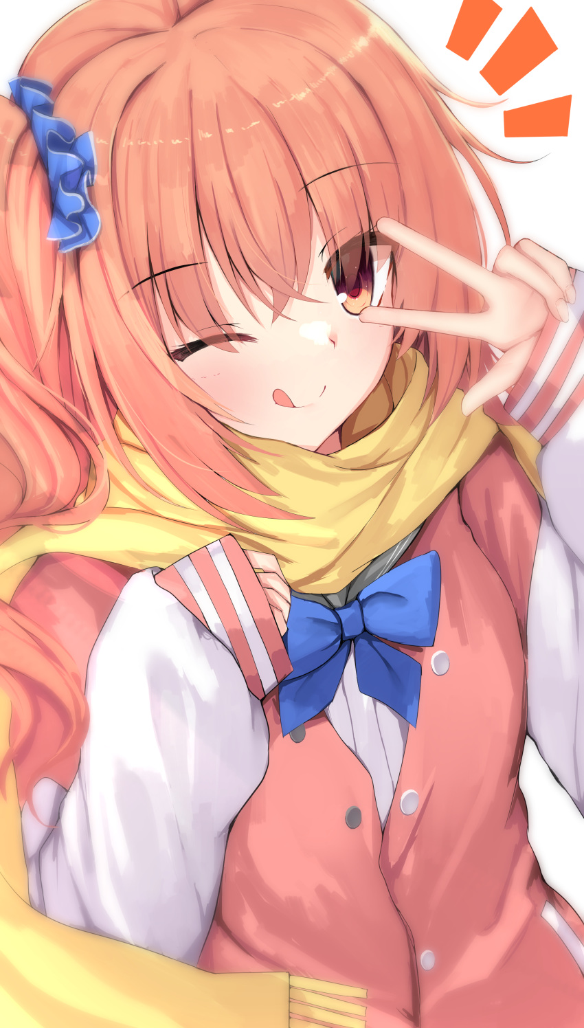 1girl absurdres blue_neckwear blue_ribbon buttons eyebrows eyebrows_visible_through_hair hair_between_eyes highres inaba_meguru jacket long_hair neckwear nodoameyatou one_eye_closed orange_eyes orange_hair pink_jacket ribbon sanoba_witch scarf school_uniform scrunchie serafuku smile solo tongue tongue_out w yellow_scarf