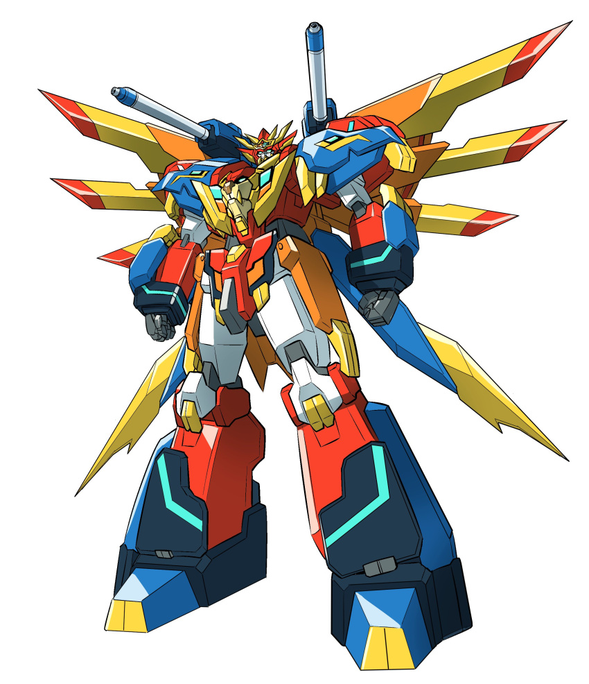absurdres blue_eyes clenched_hands commentary_request highres ishiyumi mecha mechanical_wings no_humans original science_fiction shoulder_cannon standing super_robot white_background wings