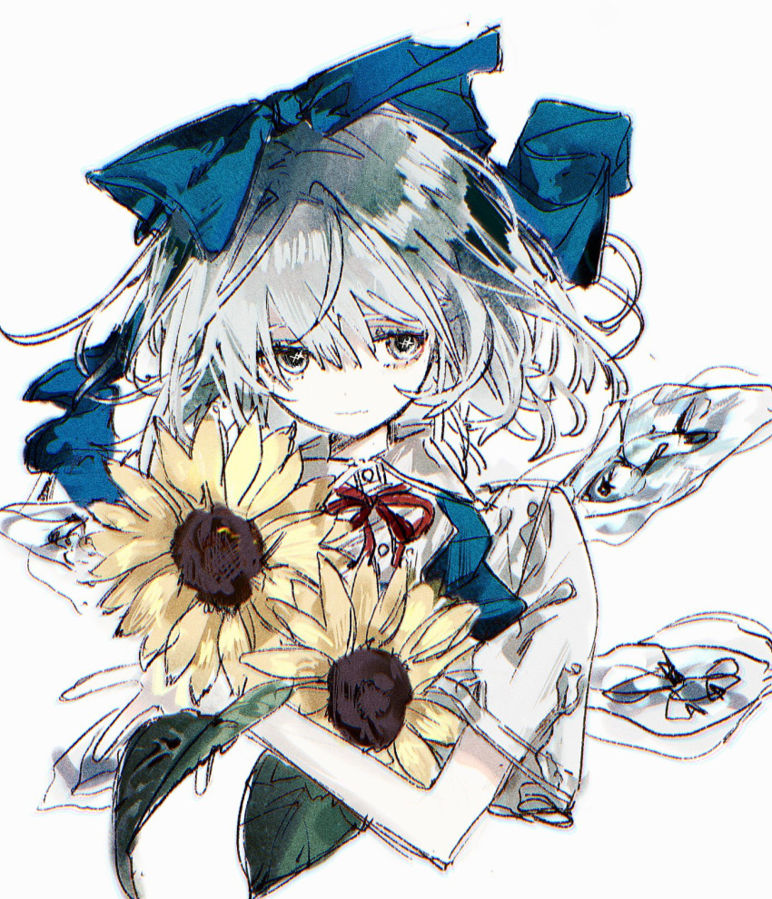 1girl blue_bow blue_dress blue_hair bow cirno closed_mouth cropped_torso detached_wings dress flower hair_between_eyes hair_bow highres ice ice_wings koyomiyoko_o medium_hair messy_hair neck_ribbon red_neckwear ribbon shirt short_sleeves simple_background solo sunflower touhou upper_body white_background white_shirt wings